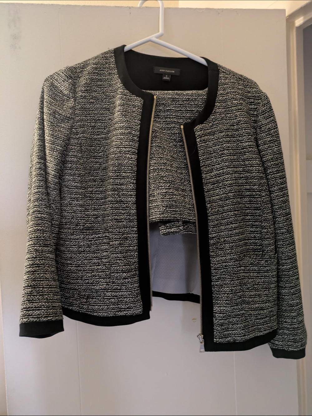 Ann Taylor Black & White Bouclé Zip Jacket with Trim